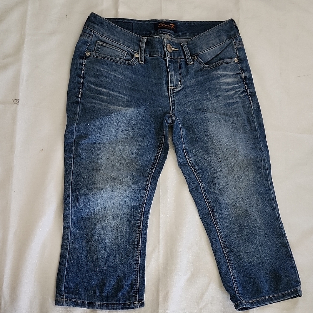 Seven7 Blue Ankle Cropped Jeans with Distressed Finish